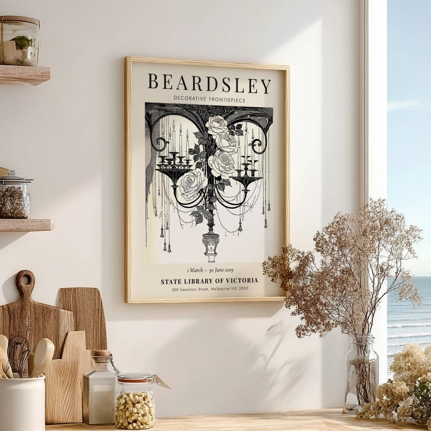 Aubrey Beardsley poster featuring decorative frontispiece with roses and candles in monochrome style