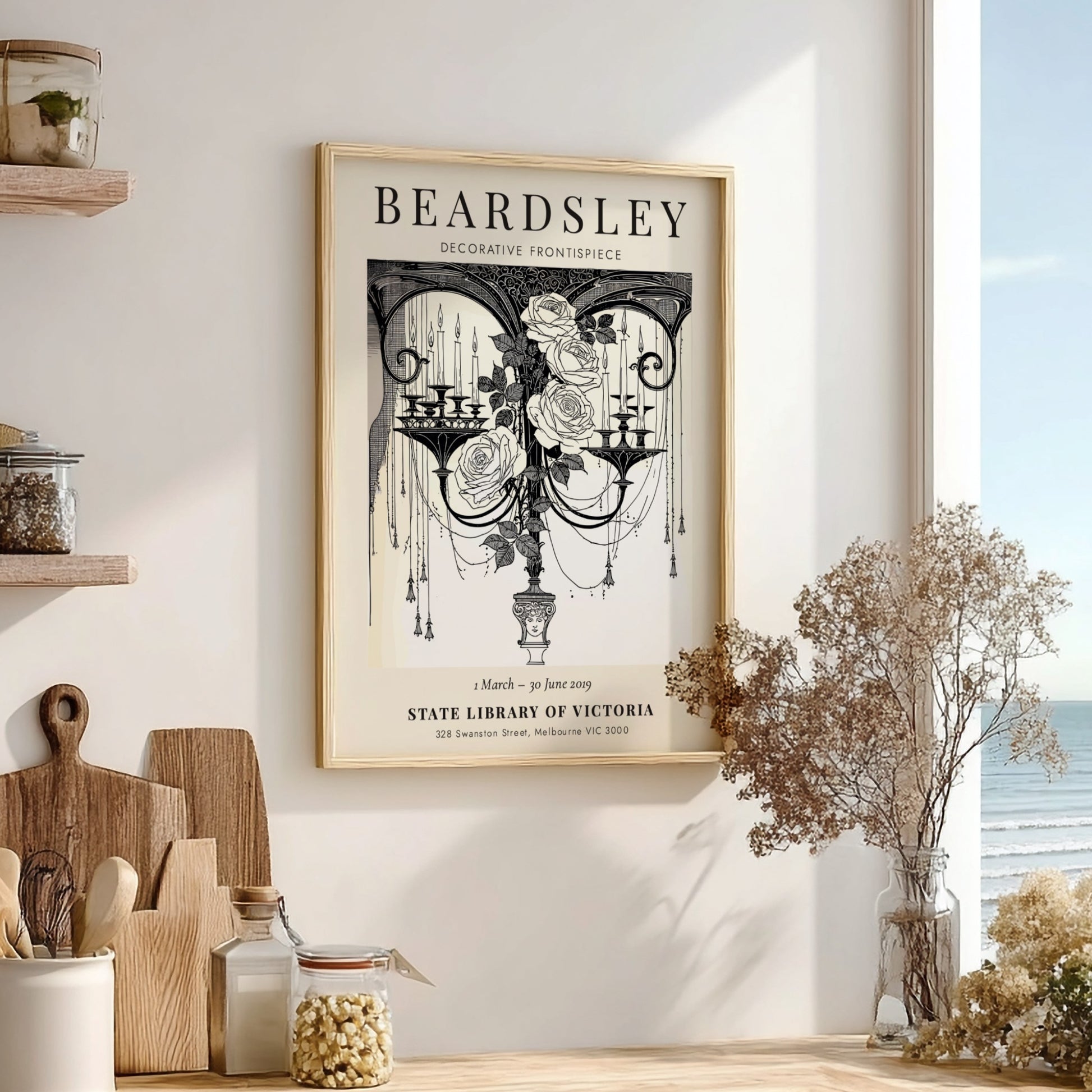 Aubrey Beardsley poster featuring decorative frontispiece with roses and candles in monochrome style