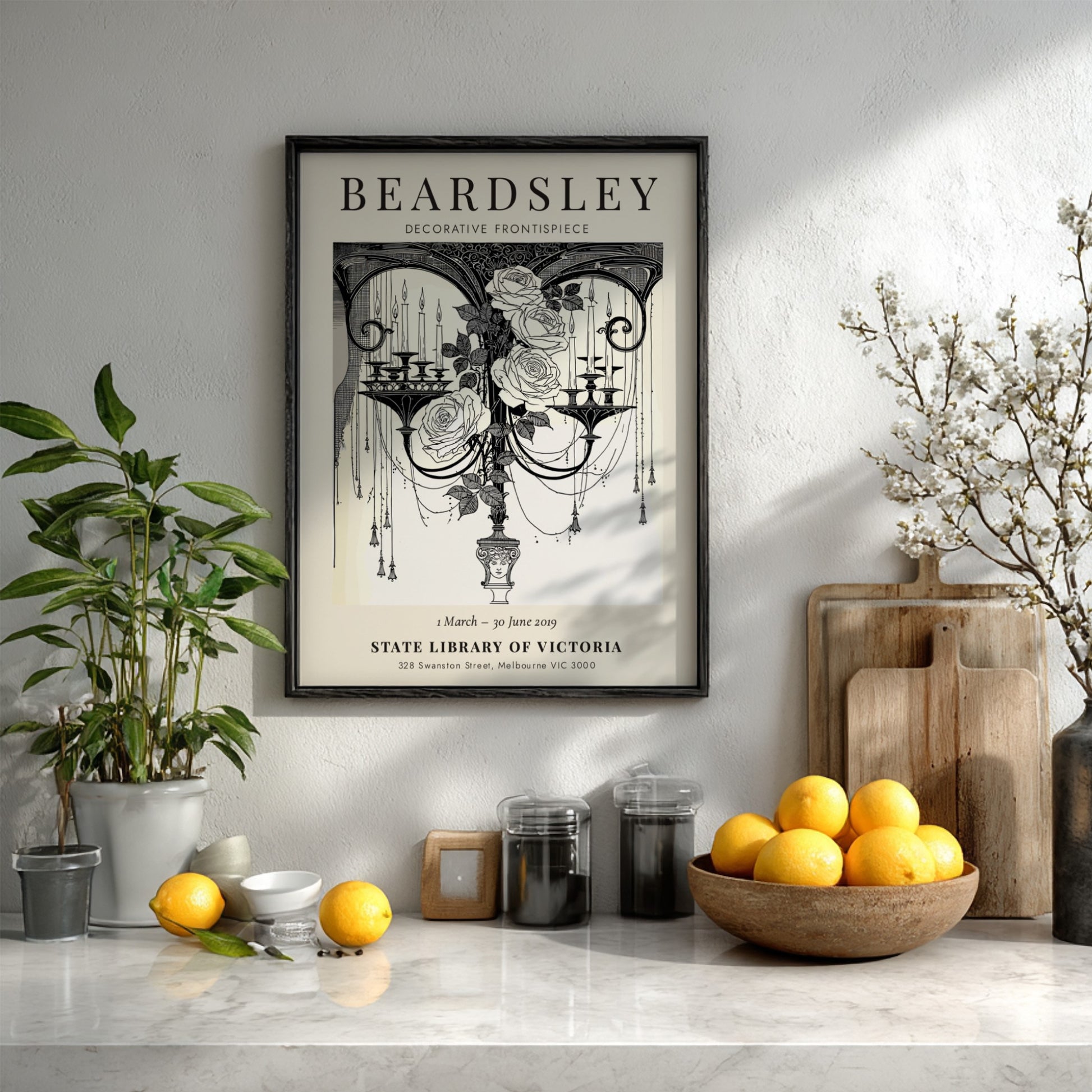 Aubrey Beardsley poster featuring decorative frontispiece with roses and candles in monochrome style