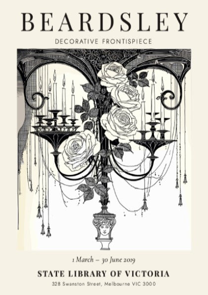 Aubrey Beardsley poster featuring decorative frontispiece with roses and candles in monochrome style
