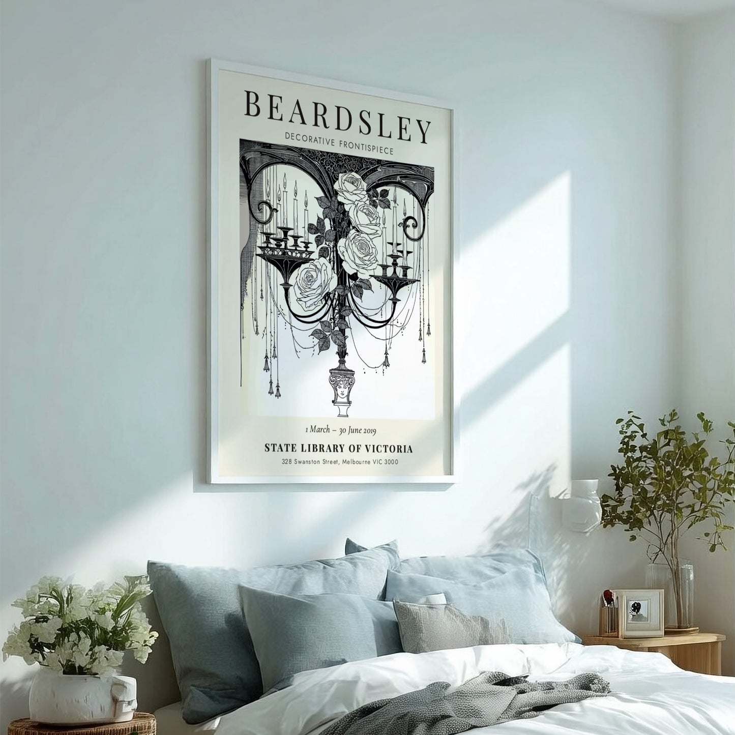 Aubrey Beardsley poster featuring decorative frontispiece with roses and candles in monochrome style