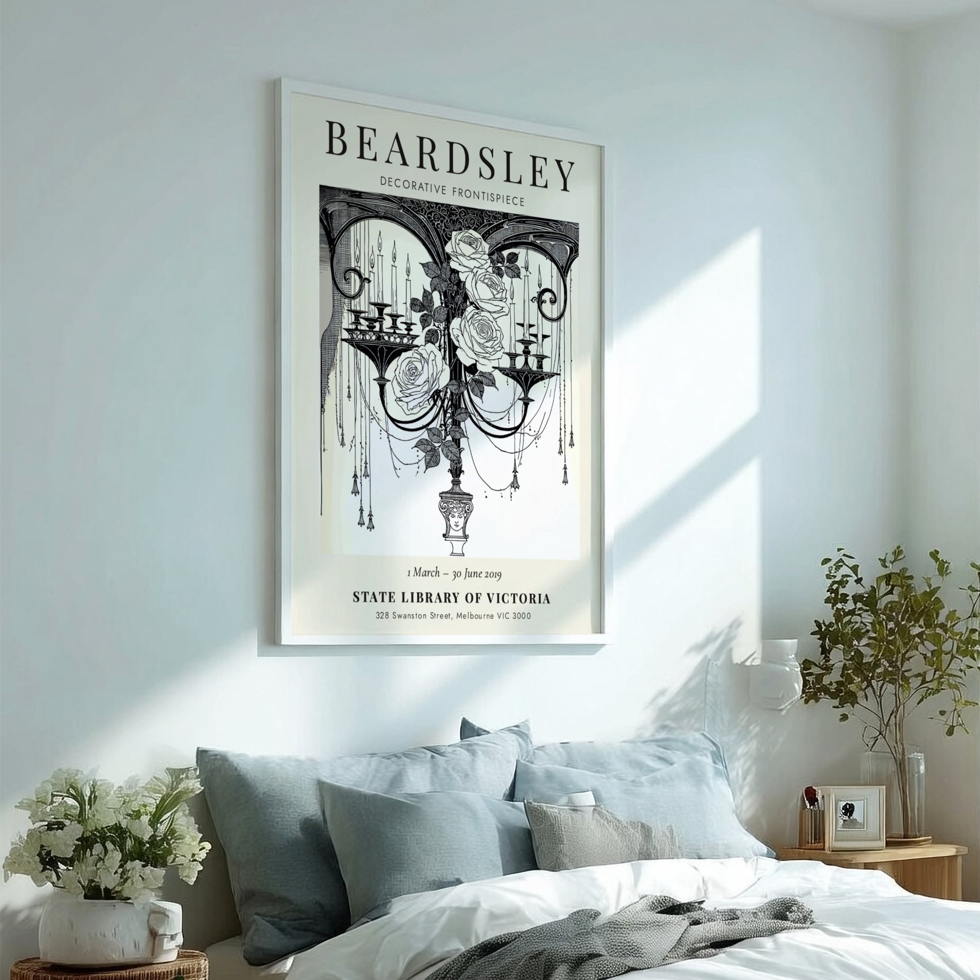 Aubrey Beardsley poster featuring decorative frontispiece with roses and candles in monochrome style