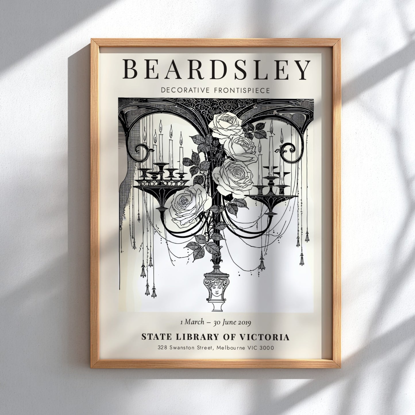 Aubrey Beardsley poster featuring decorative frontispiece with roses and candles in monochrome style