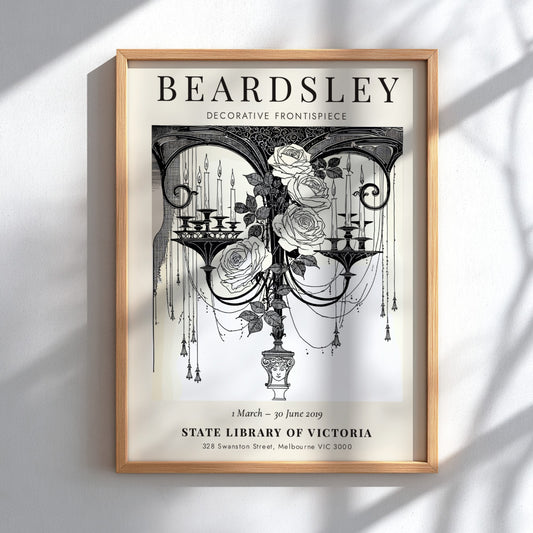 Aubrey Beardsley poster featuring decorative frontispiece with roses and candles in monochrome style