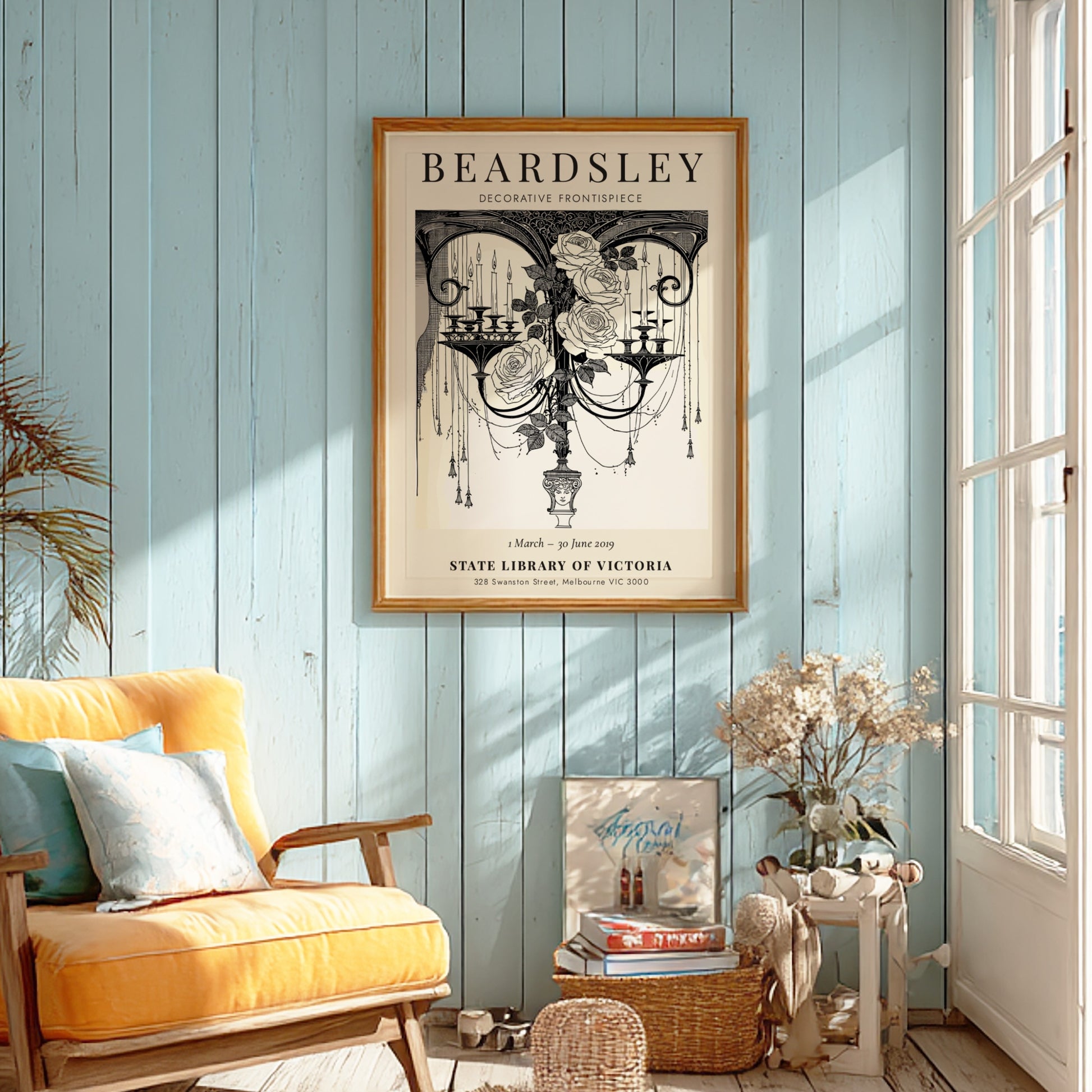 Aubrey Beardsley poster featuring decorative frontispiece with roses and candles in monochrome style
