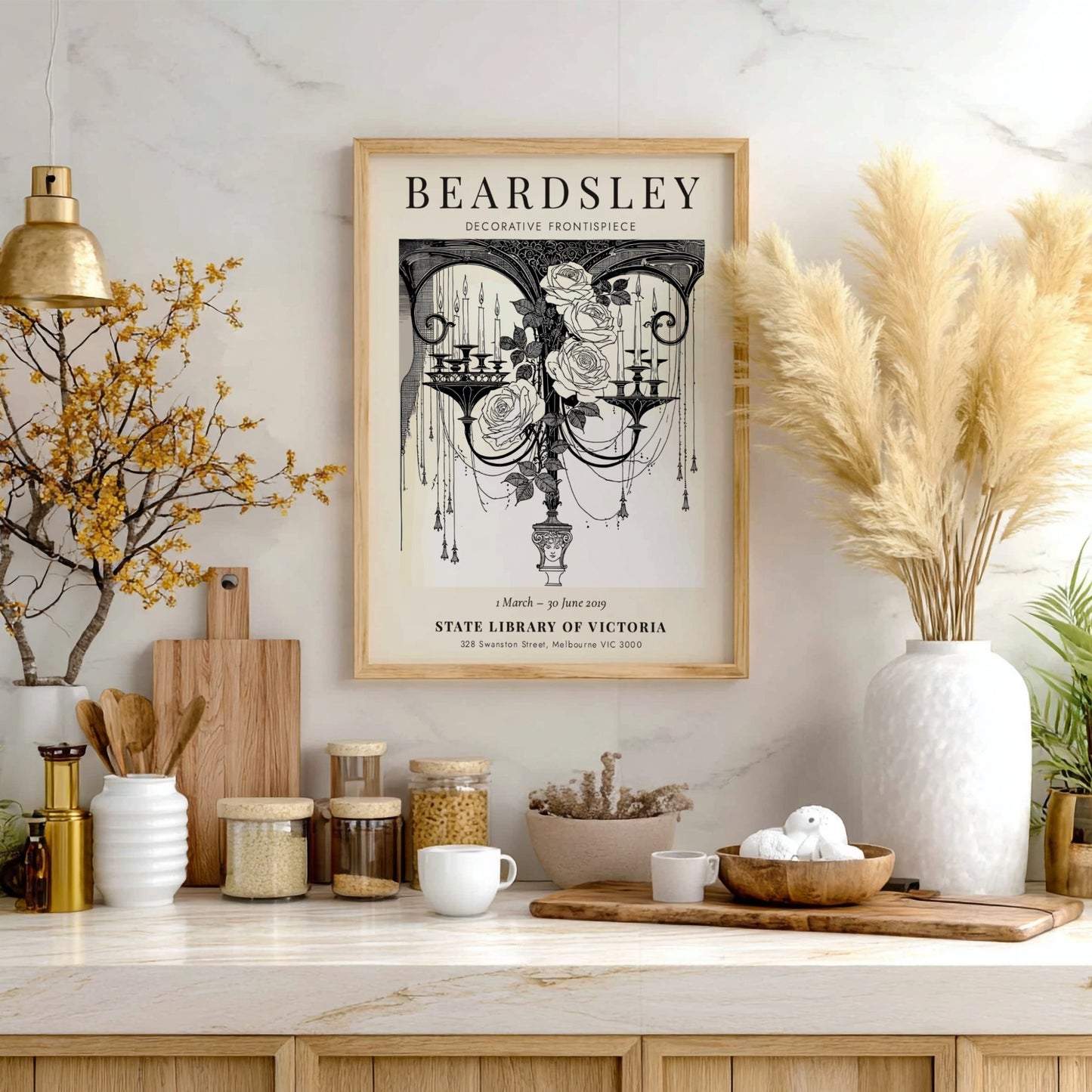 Aubrey Beardsley poster featuring decorative frontispiece with roses and candles in monochrome style