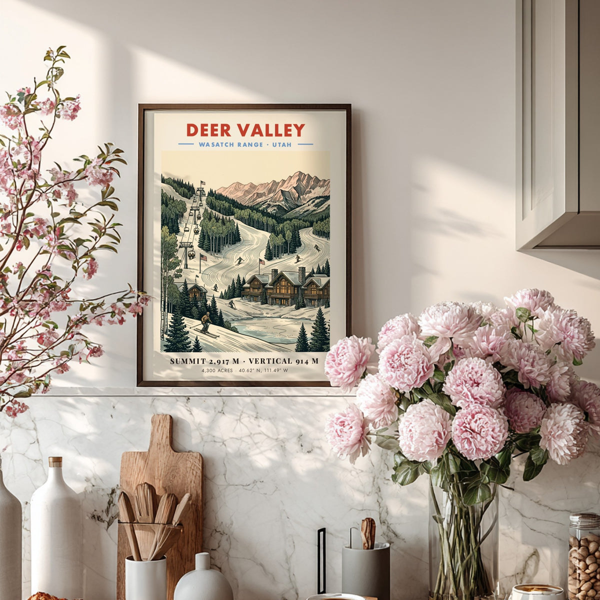 Deer Valley ski poster showing chairlifts, mountain cabins, and snowy slopes in Utah.
