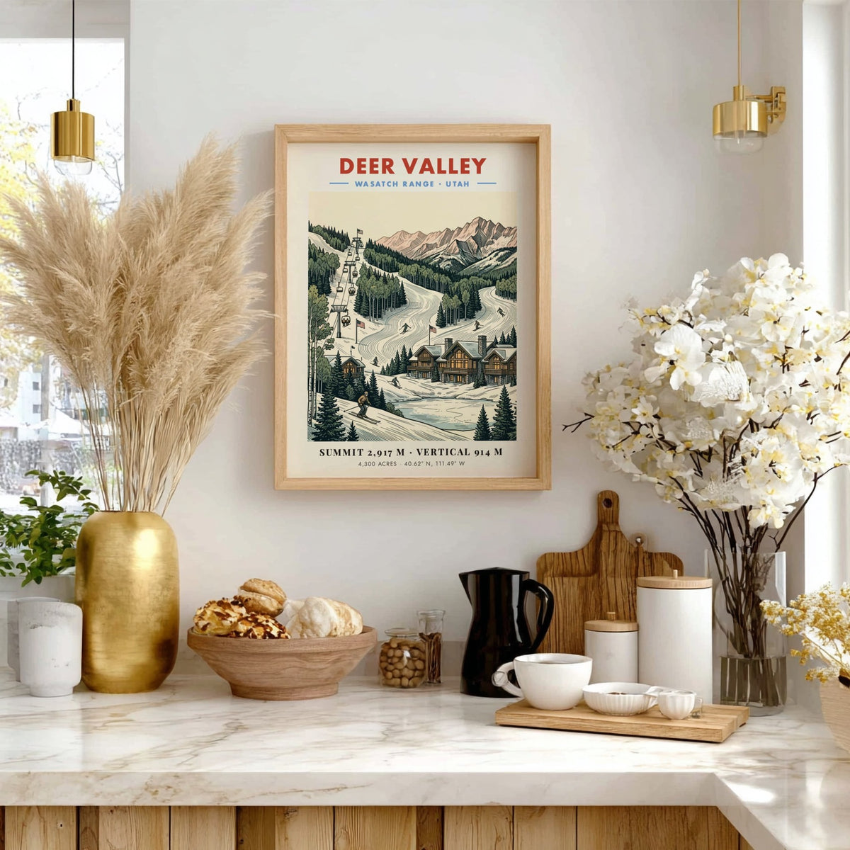 Deer Valley ski poster showing chairlifts, mountain cabins, and snowy slopes in Utah.