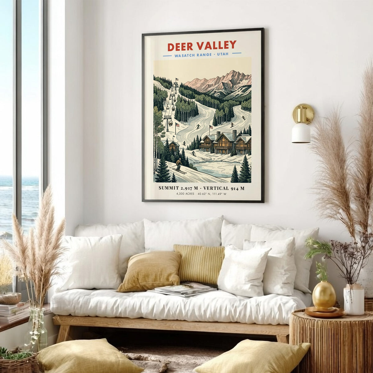 Deer Valley ski poster showing chairlifts, mountain cabins, and snowy slopes in Utah.