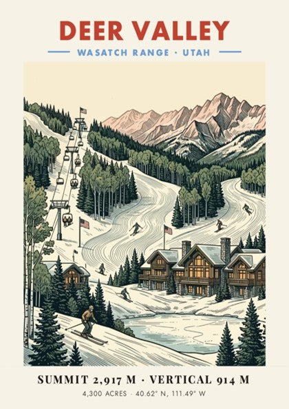 Deer Valley ski poster showing chairlifts, mountain cabins, and snowy slopes in Utah.
