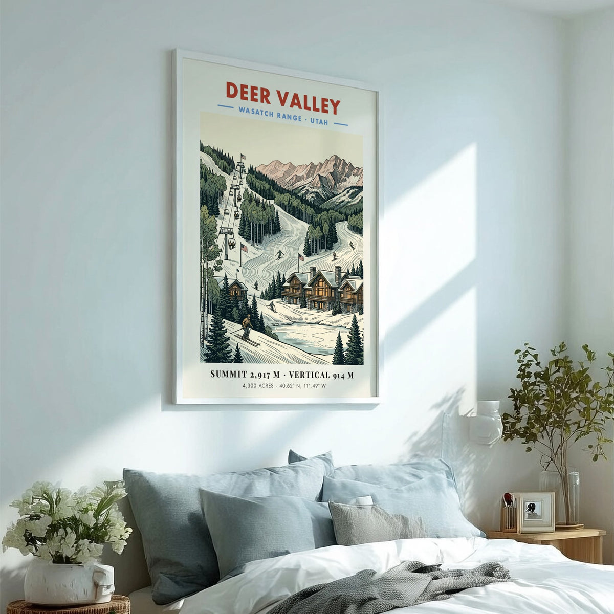 Deer Valley ski poster showing chairlifts, mountain cabins, and snowy slopes in Utah.