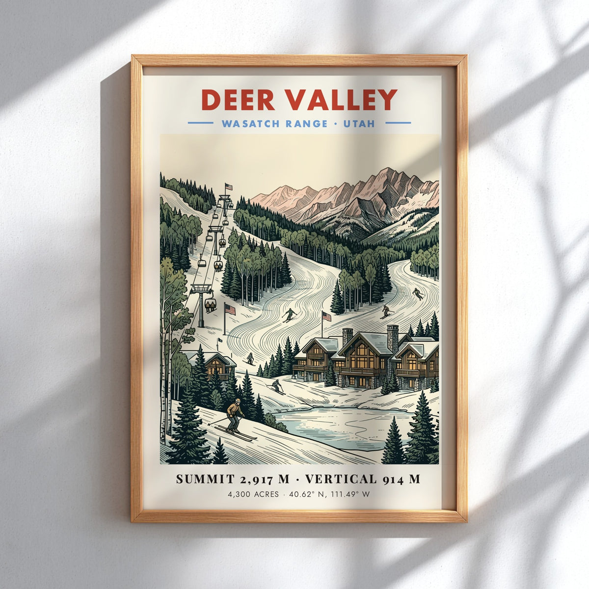 Deer Valley ski poster showing chairlifts, mountain cabins, and snowy slopes in Utah.