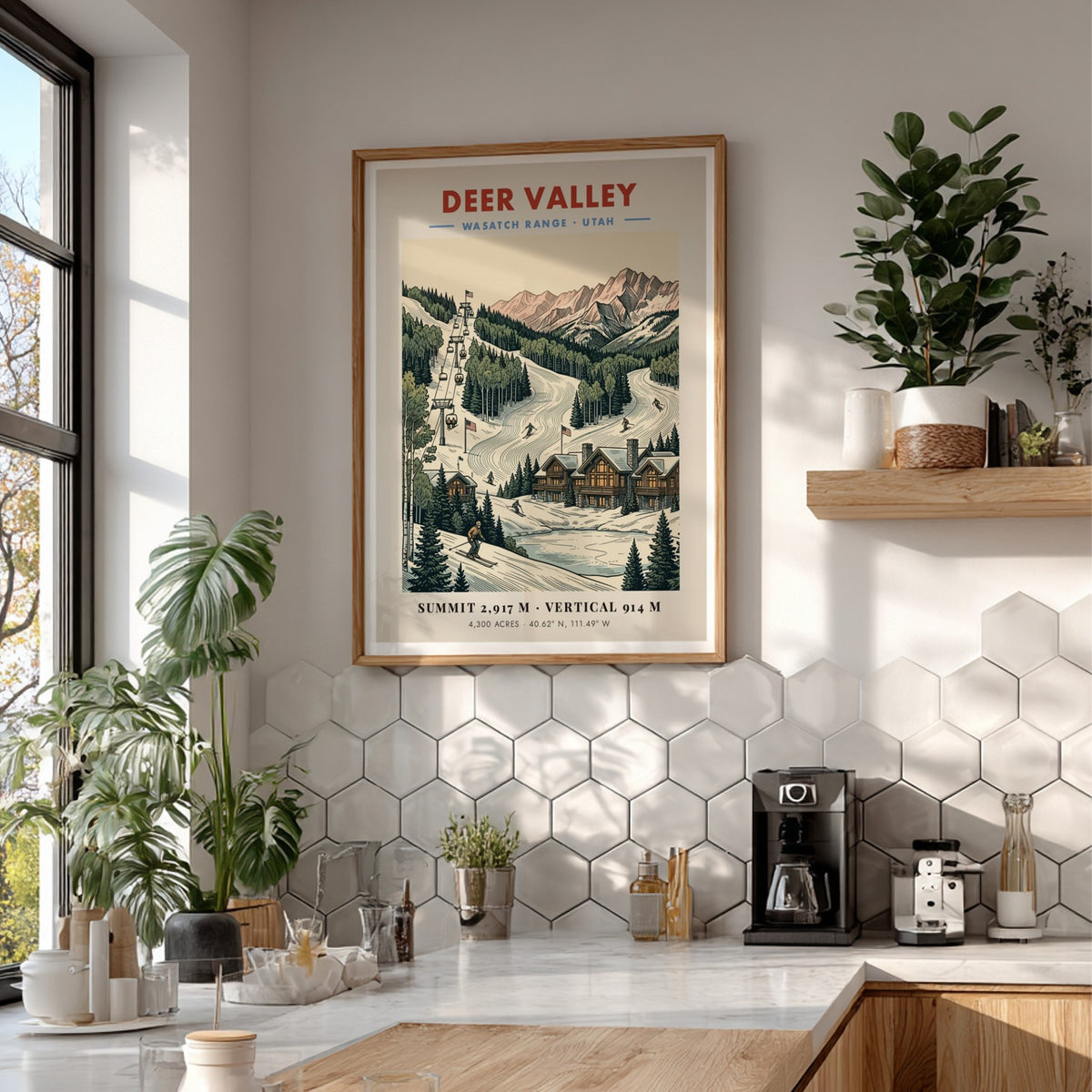 Deer Valley ski poster showing chairlifts, mountain cabins, and snowy slopes in Utah.