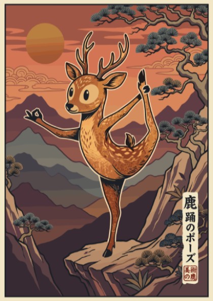 Poster of a deer doing yoga on a mountain with Japanese sunset aesthetic