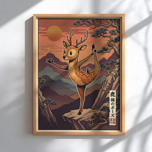 Poster of a deer doing yoga on a mountain with Japanese sunset aesthetic