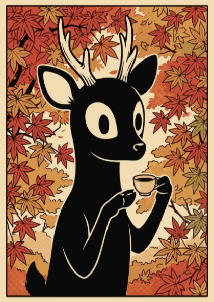 Poster of a black deer holding a teacup surrounded by orange autumn maple leaves