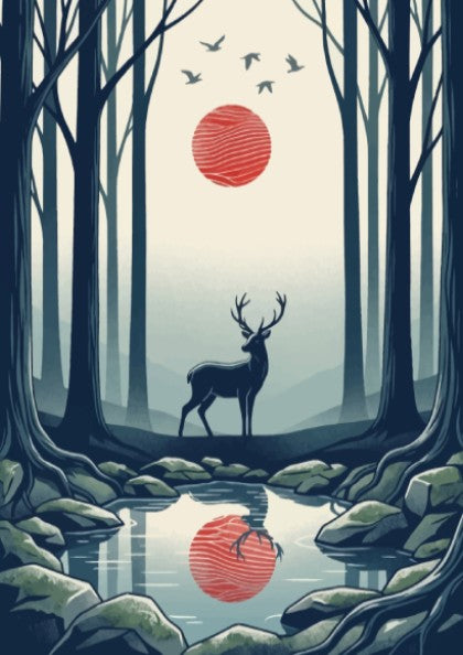 Poster featuring a stag in a misty forest with a red sun reflection