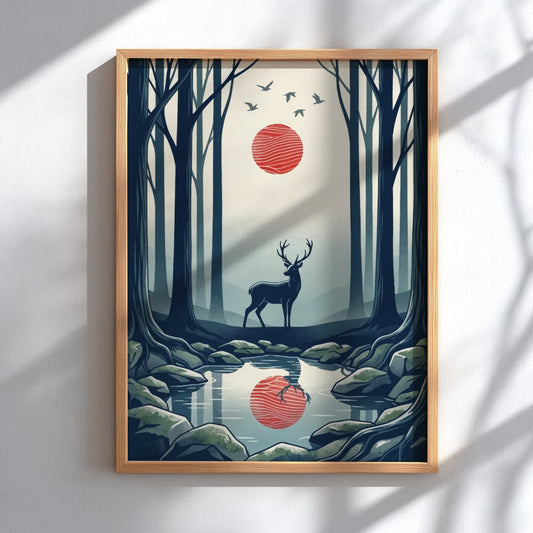 Poster featuring a stag in a misty forest with a red sun reflection