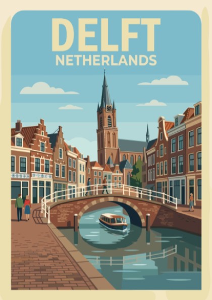 Poster of Delft Netherlands showing a canal, historic brick buildings, and a church tower.