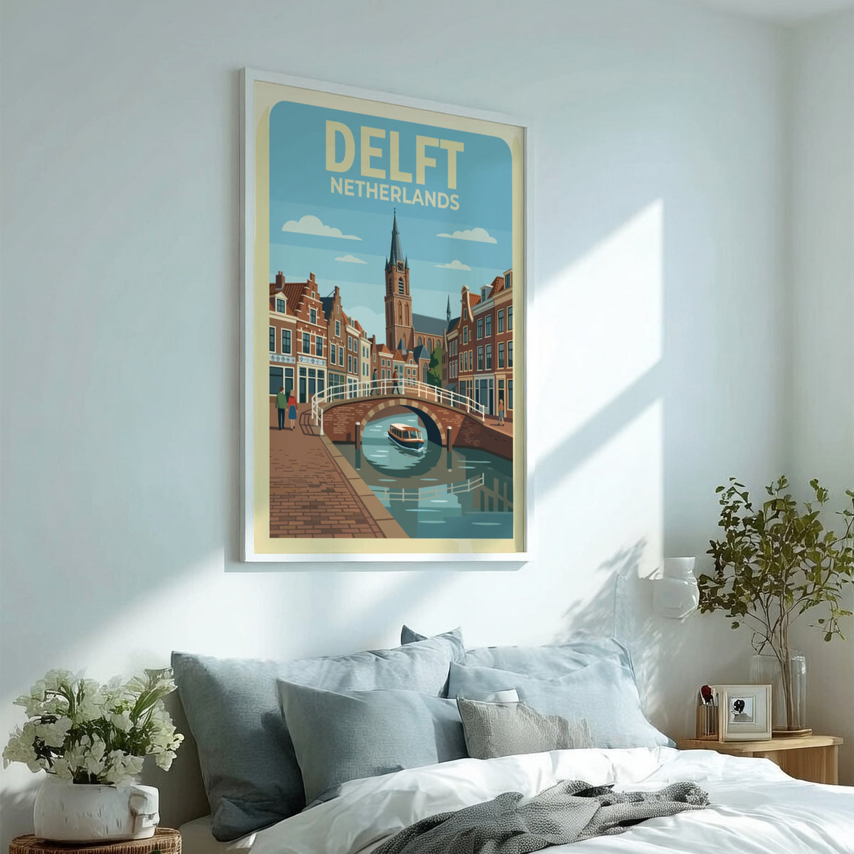 Poster of Delft Netherlands showing a canal, historic brick buildings, and a church tower.