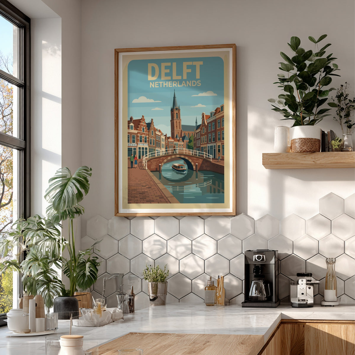 Poster of Delft Netherlands showing a canal, historic brick buildings, and a church tower.