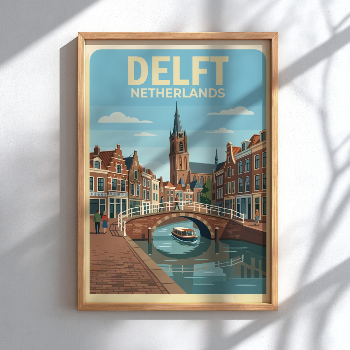 Poster of Delft Netherlands showing a canal, historic brick buildings, and a church tower.