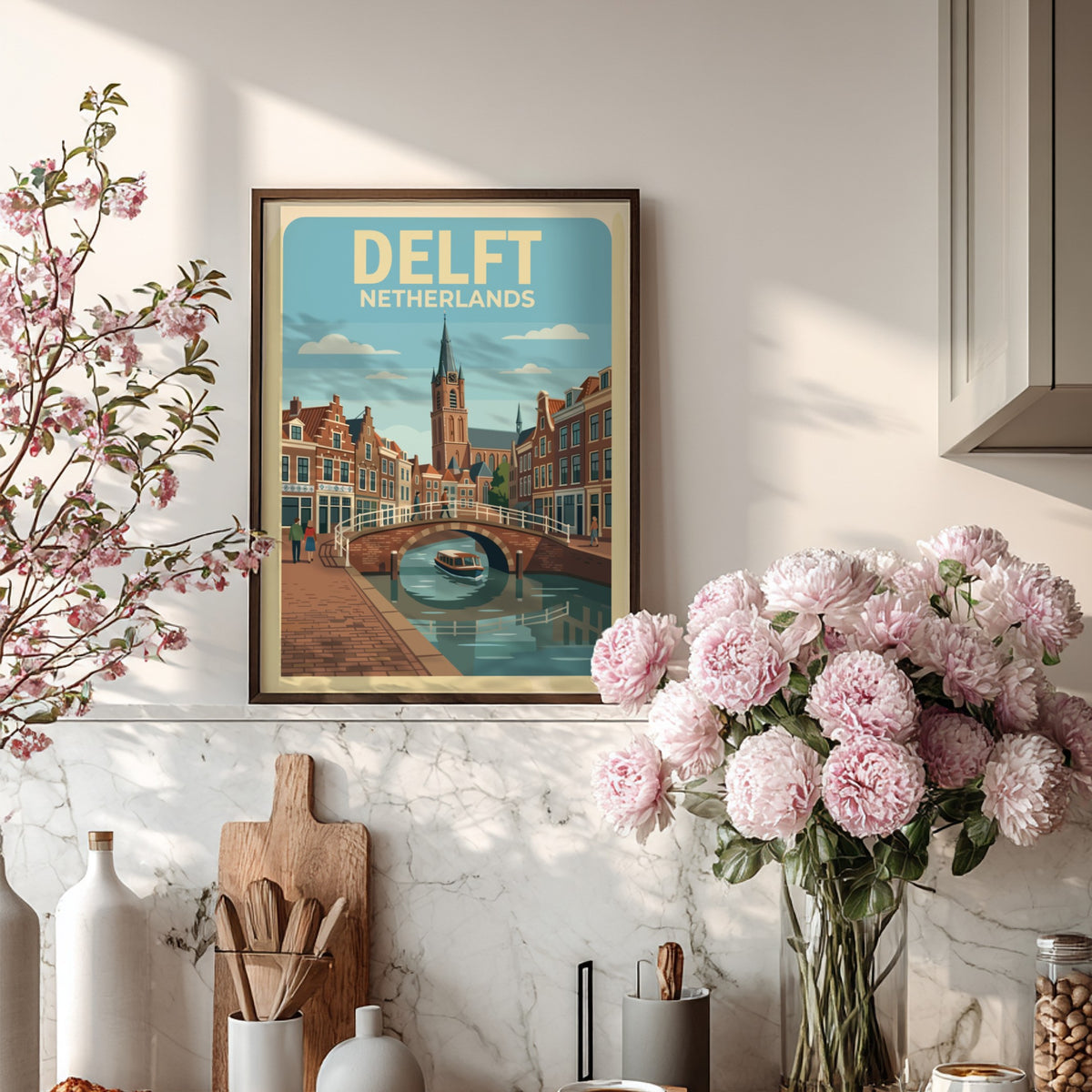 Poster of Delft Netherlands showing a canal, historic brick buildings, and a church tower.