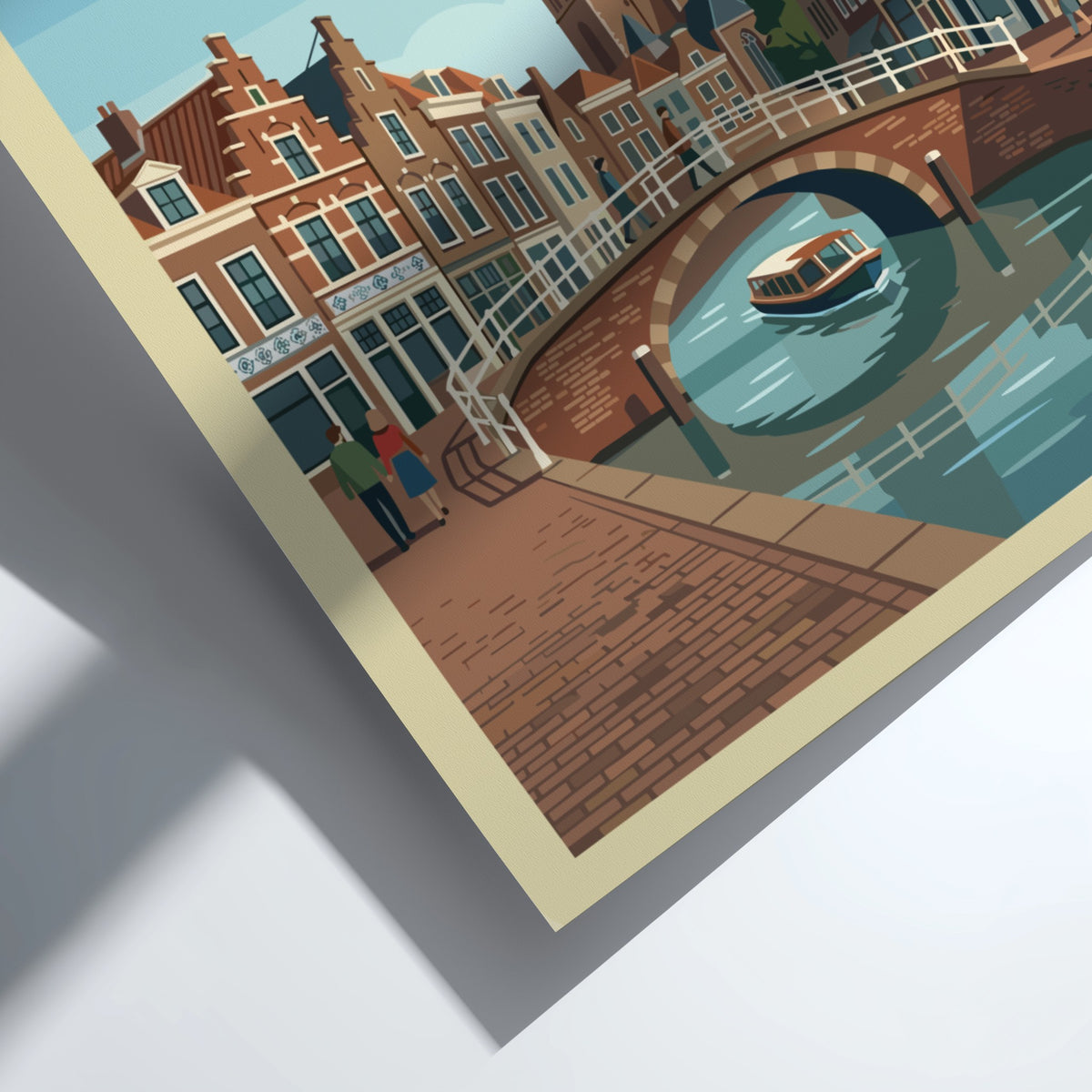 Poster of Delft Netherlands showing a canal, historic brick buildings, and a church tower.
