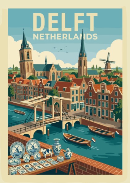 Delft Netherlands travel poster featuring canals, bridges, historic buildings, and a windmill in a retro