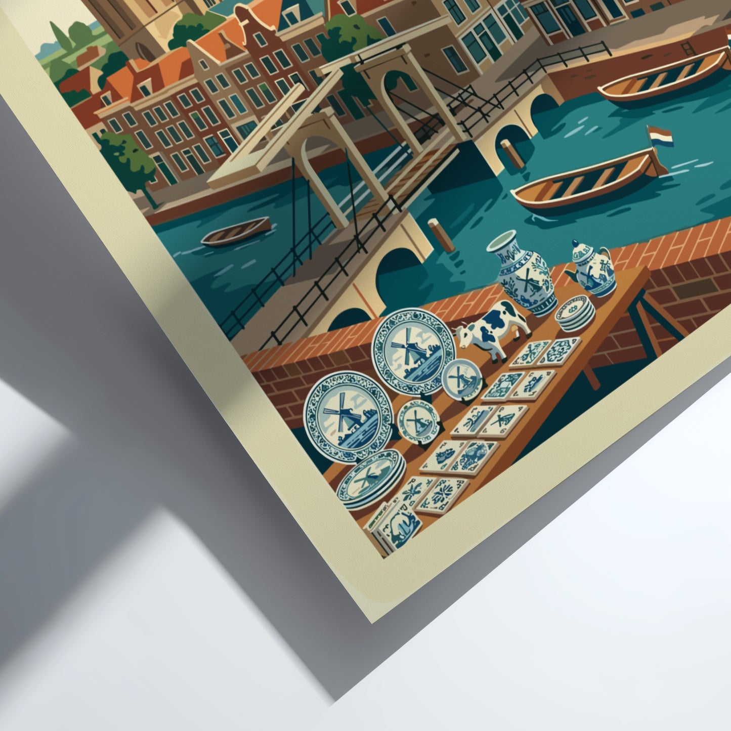 Delft Netherlands travel poster featuring canals, bridges, historic buildings, and a windmill in a retro