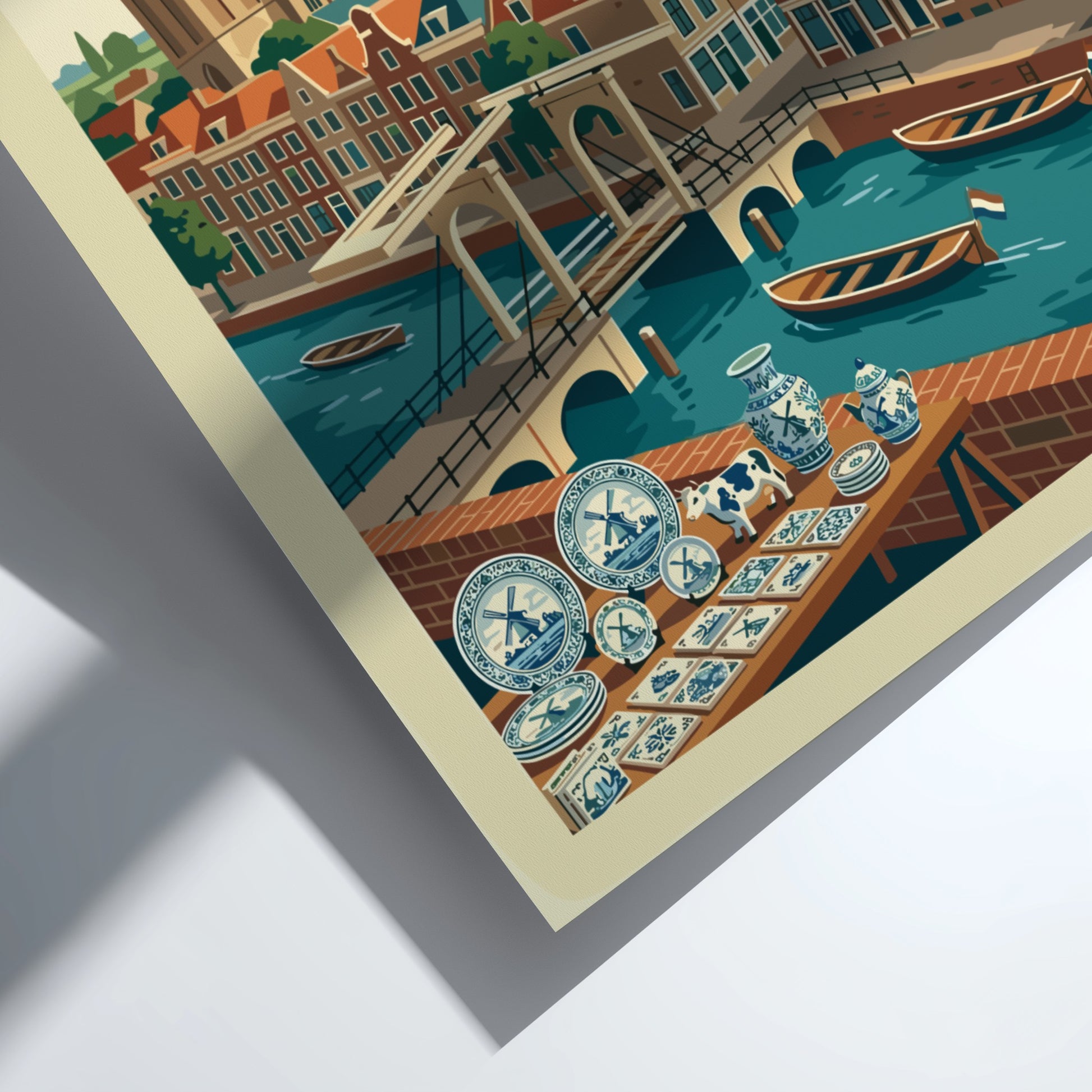 Delft Netherlands travel poster featuring canals, bridges, historic buildings, and a windmill in a retro