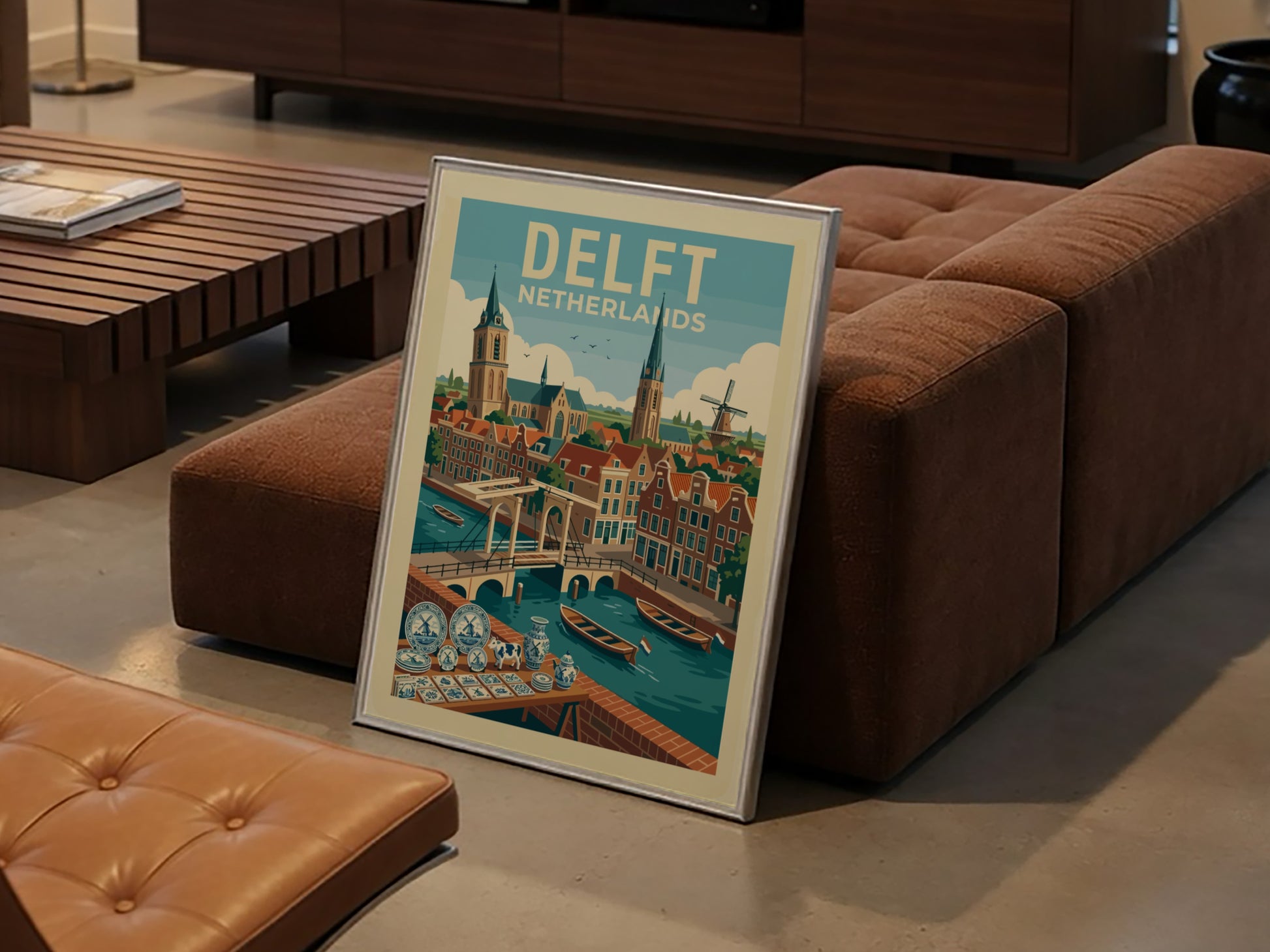 Delft Netherlands travel poster featuring canals, bridges, historic buildings, and a windmill in a retro