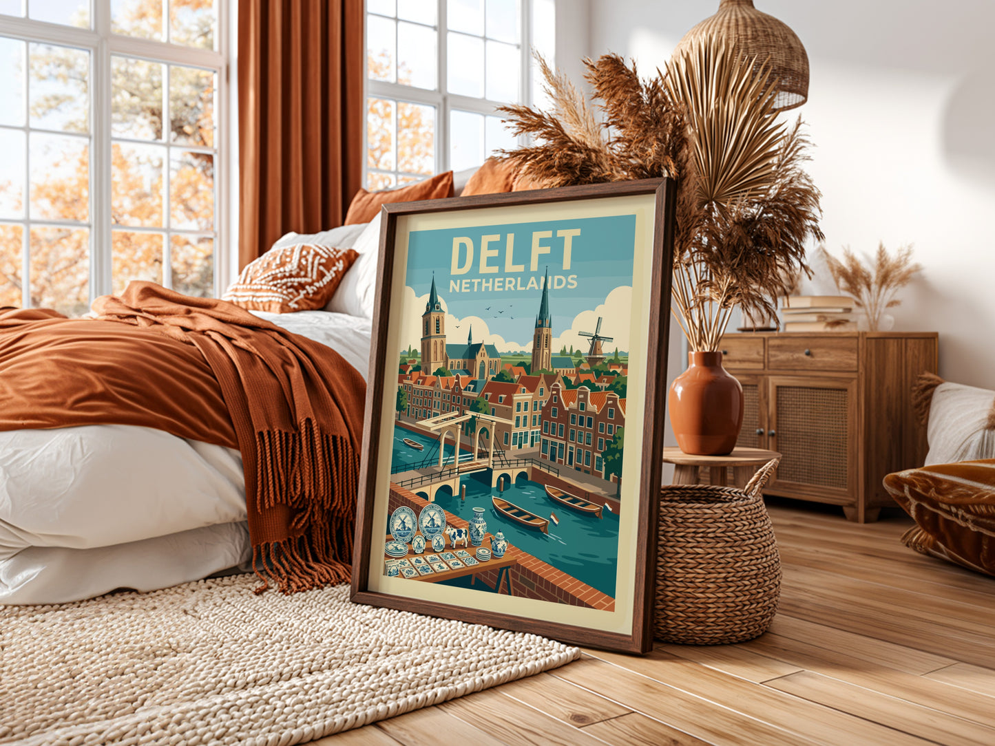 Delft Netherlands travel poster featuring canals, bridges, historic buildings, and a windmill in a retro