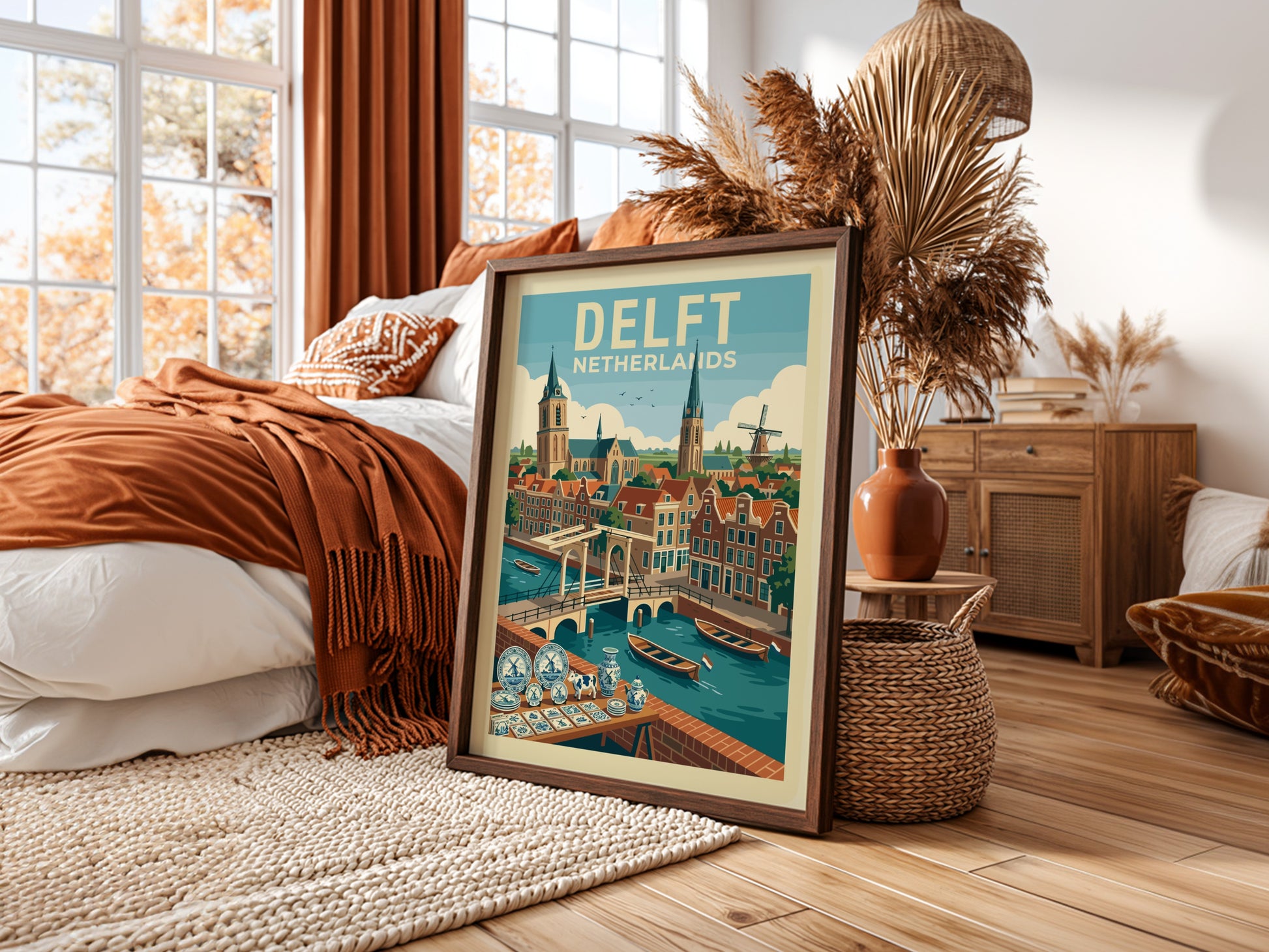 Delft Netherlands travel poster featuring canals, bridges, historic buildings, and a windmill in a retro