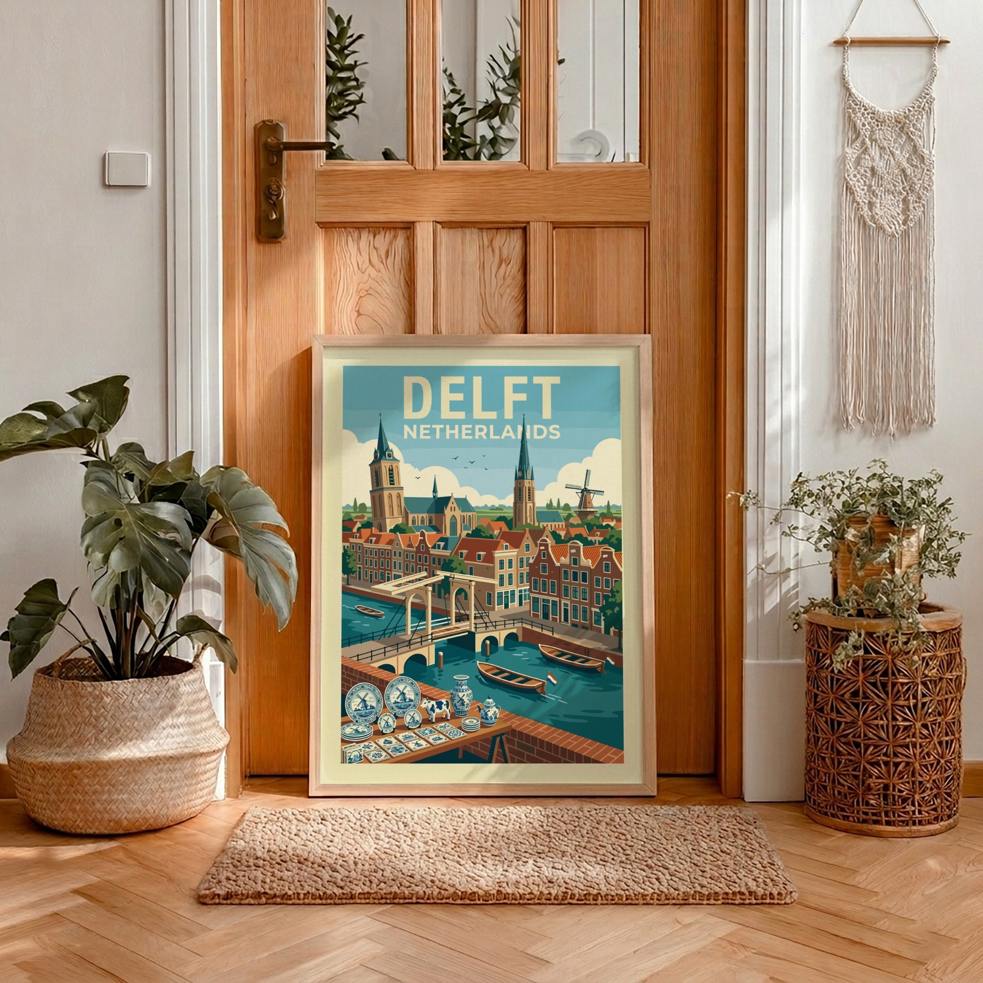 Delft Netherlands travel poster featuring canals, bridges, historic buildings, and a windmill in a retro