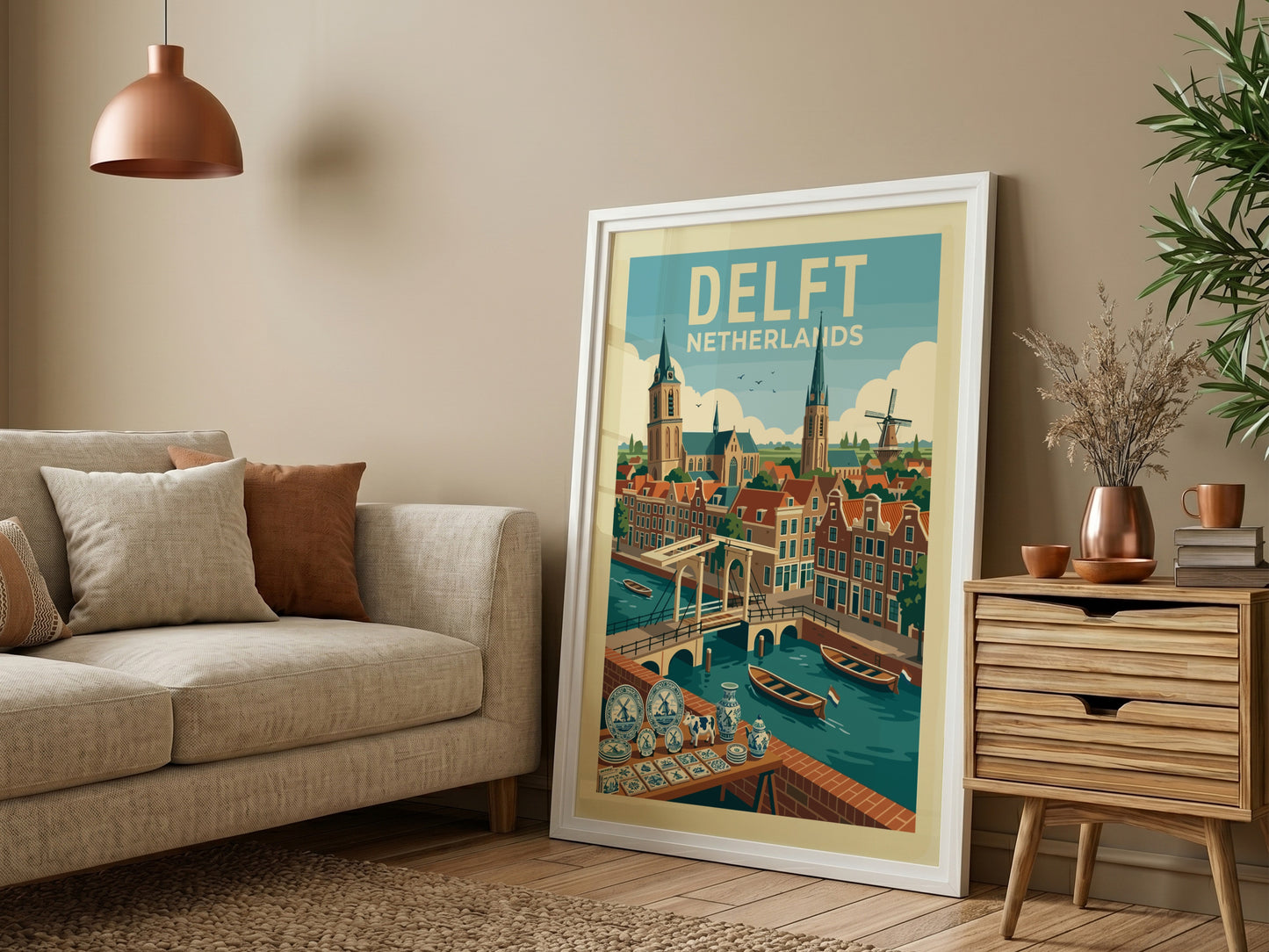 Delft Netherlands travel poster featuring canals, bridges, historic buildings, and a windmill in a retro