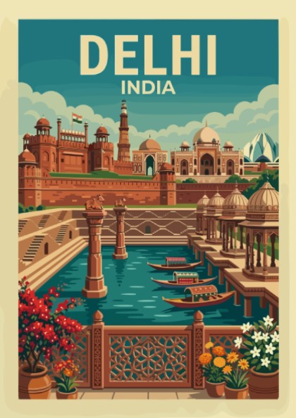 Vintage Delhi India travel poster with Red Fort and Jama Masjid illustration, turquoise sky.