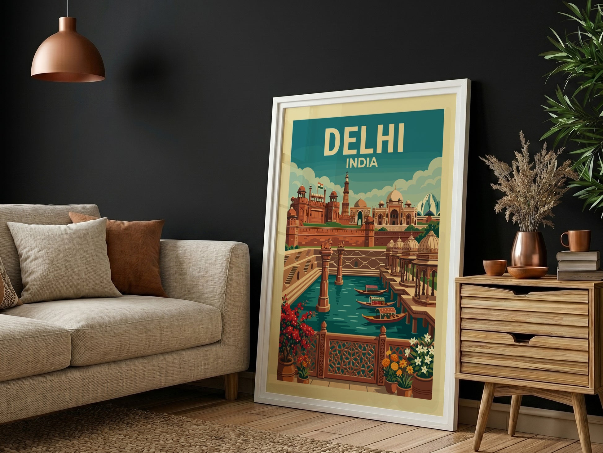 Vintage Delhi India travel poster with Red Fort and Jama Masjid illustration, turquoise sky.