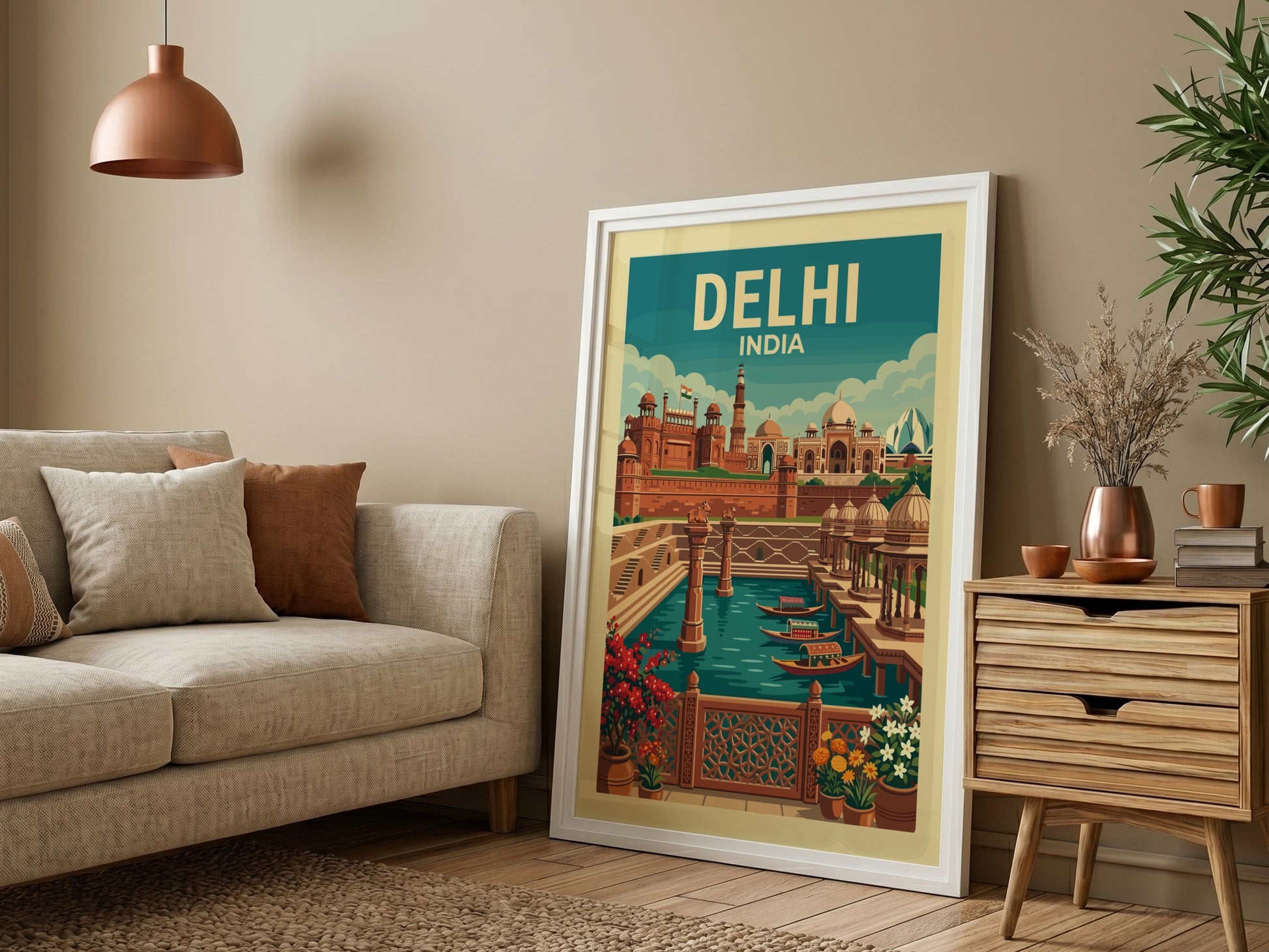 Vintage Delhi India travel poster with Red Fort and Jama Masjid illustration, turquoise sky.