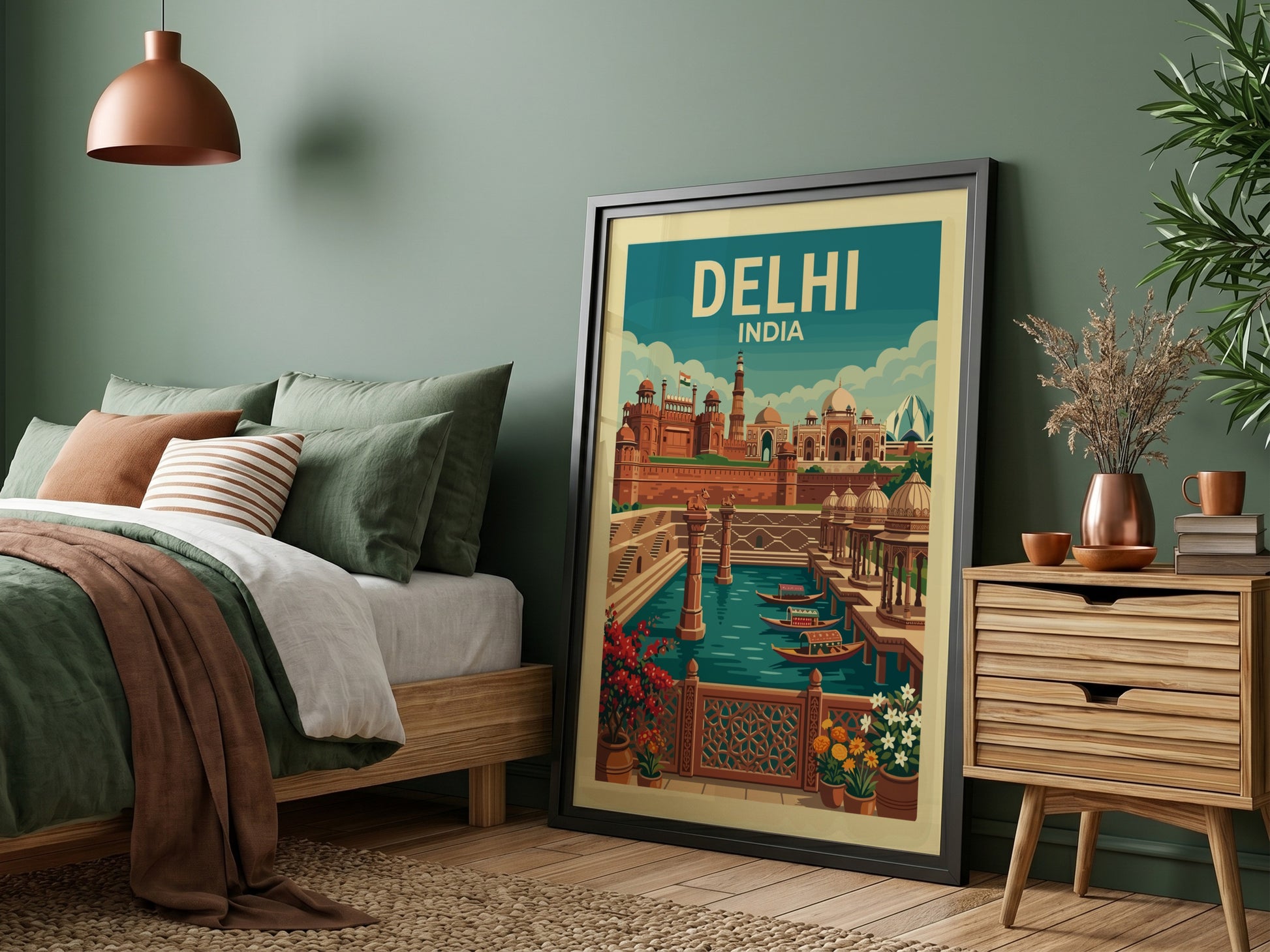 Vintage Delhi India travel poster with Red Fort and Jama Masjid illustration, turquoise sky.