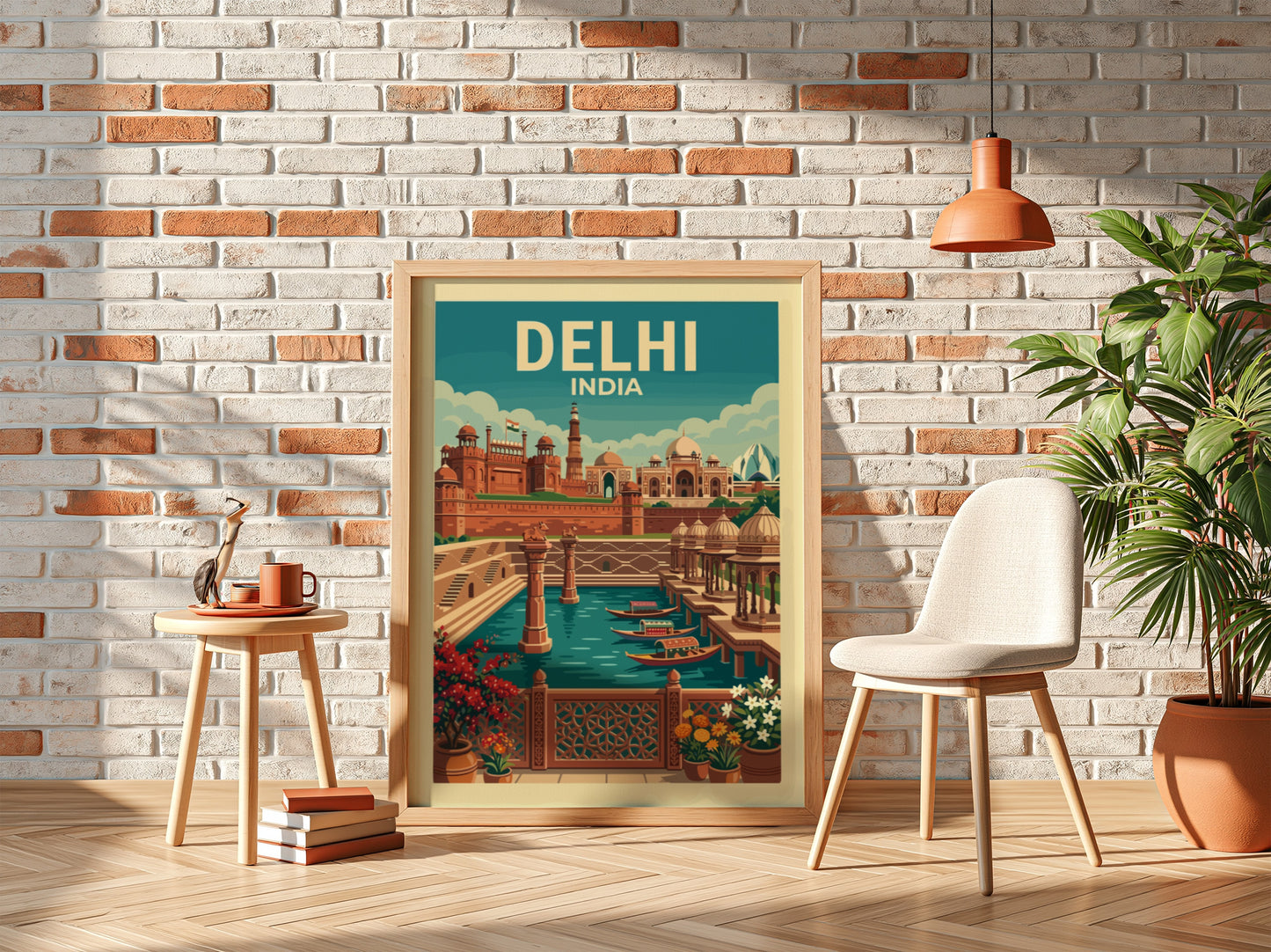 Vintage Delhi India travel poster with Red Fort and Jama Masjid illustration, turquoise sky.