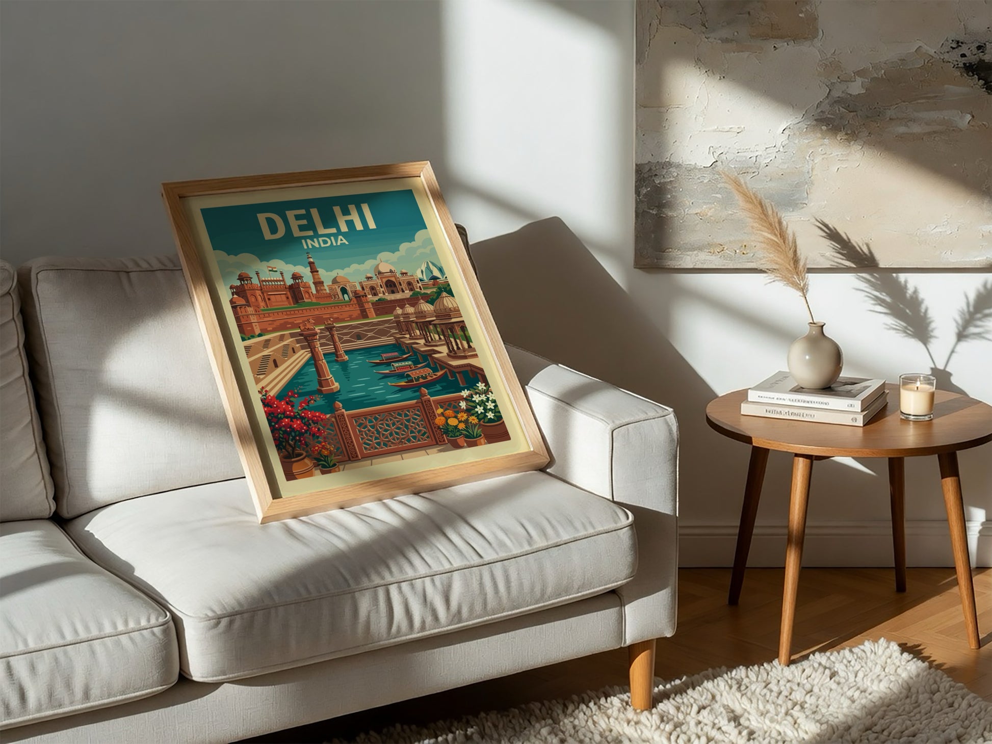 Vintage Delhi India travel poster with Red Fort and Jama Masjid illustration, turquoise sky.