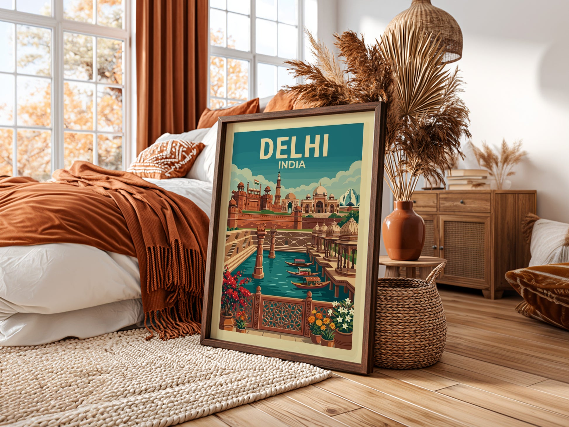 Vintage Delhi India travel poster with Red Fort and Jama Masjid illustration, turquoise sky.