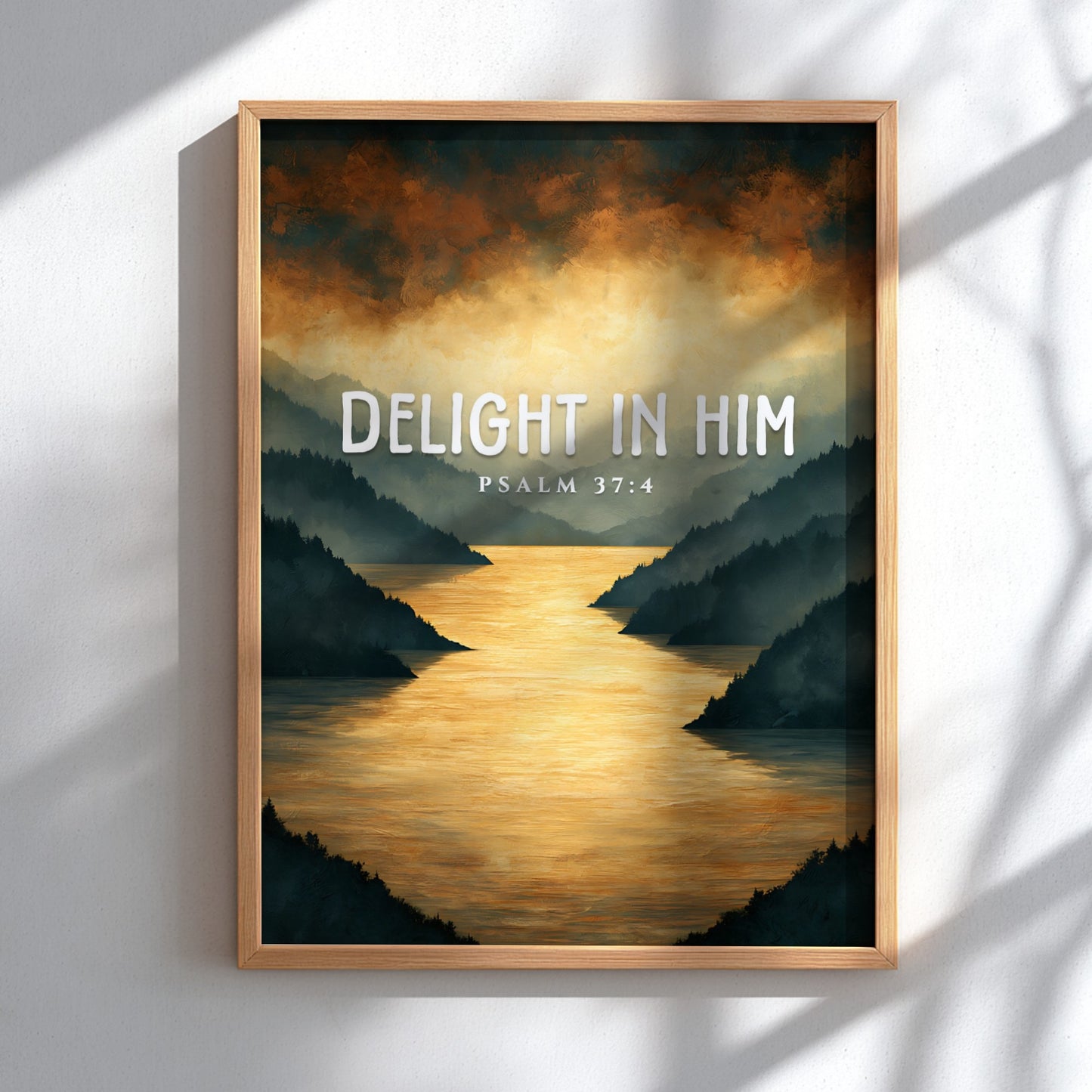 Delight in Him poster featuring serene landscape and Psalm 37:4 in warm colors