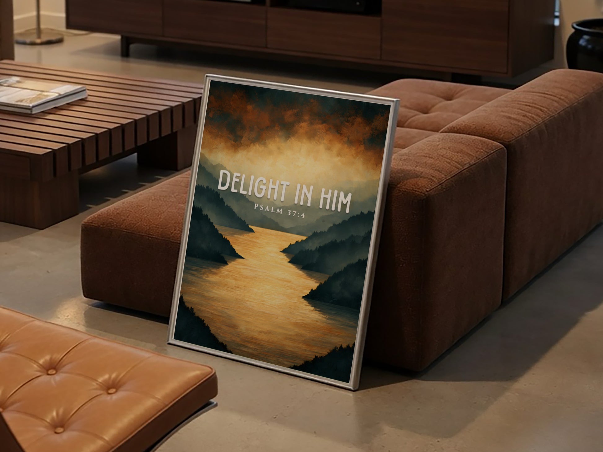 Delight in Him poster featuring serene landscape and Psalm 37:4 in warm colors