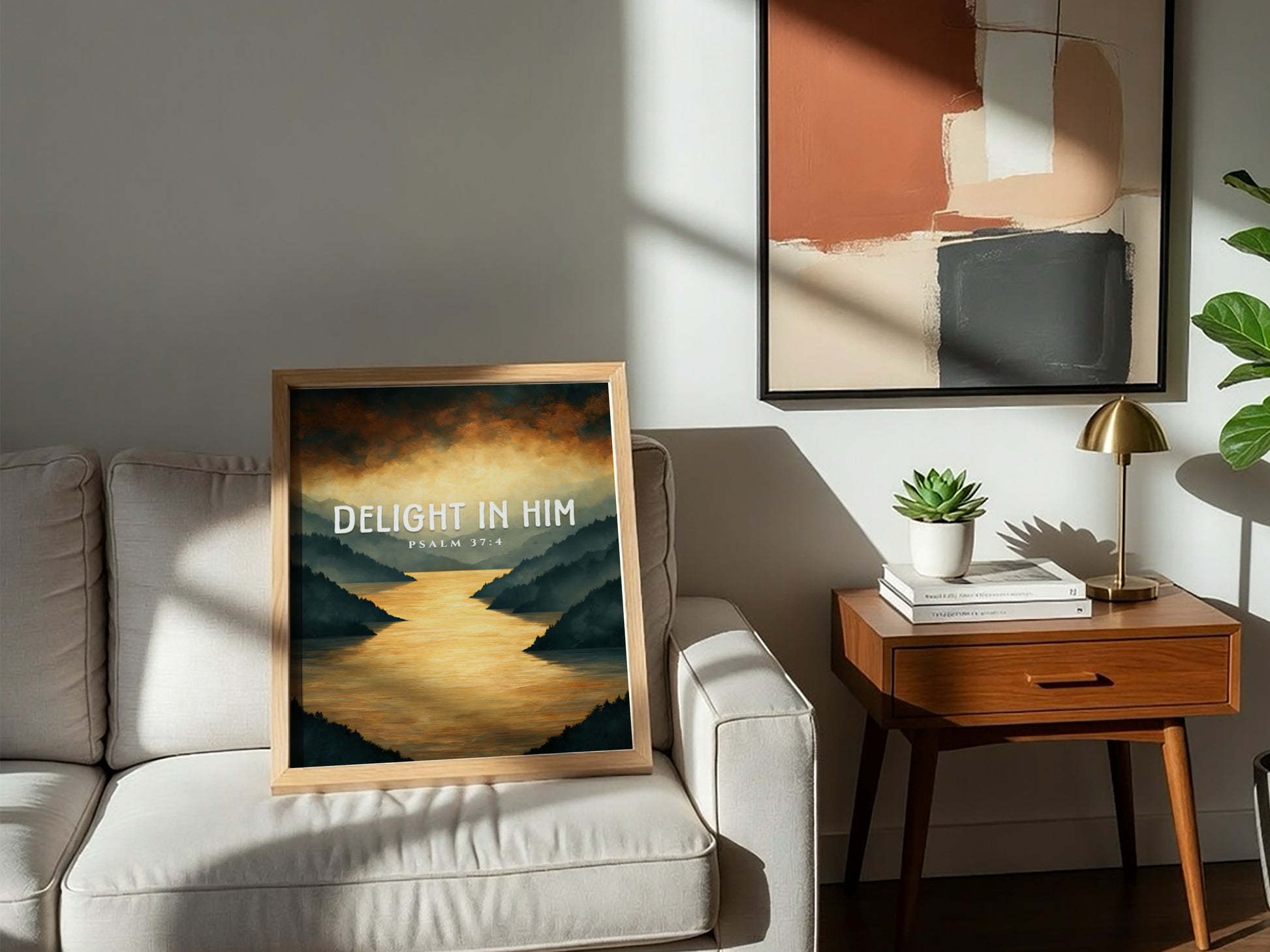 Delight in Him poster featuring serene landscape and Psalm 37:4 in warm colors
