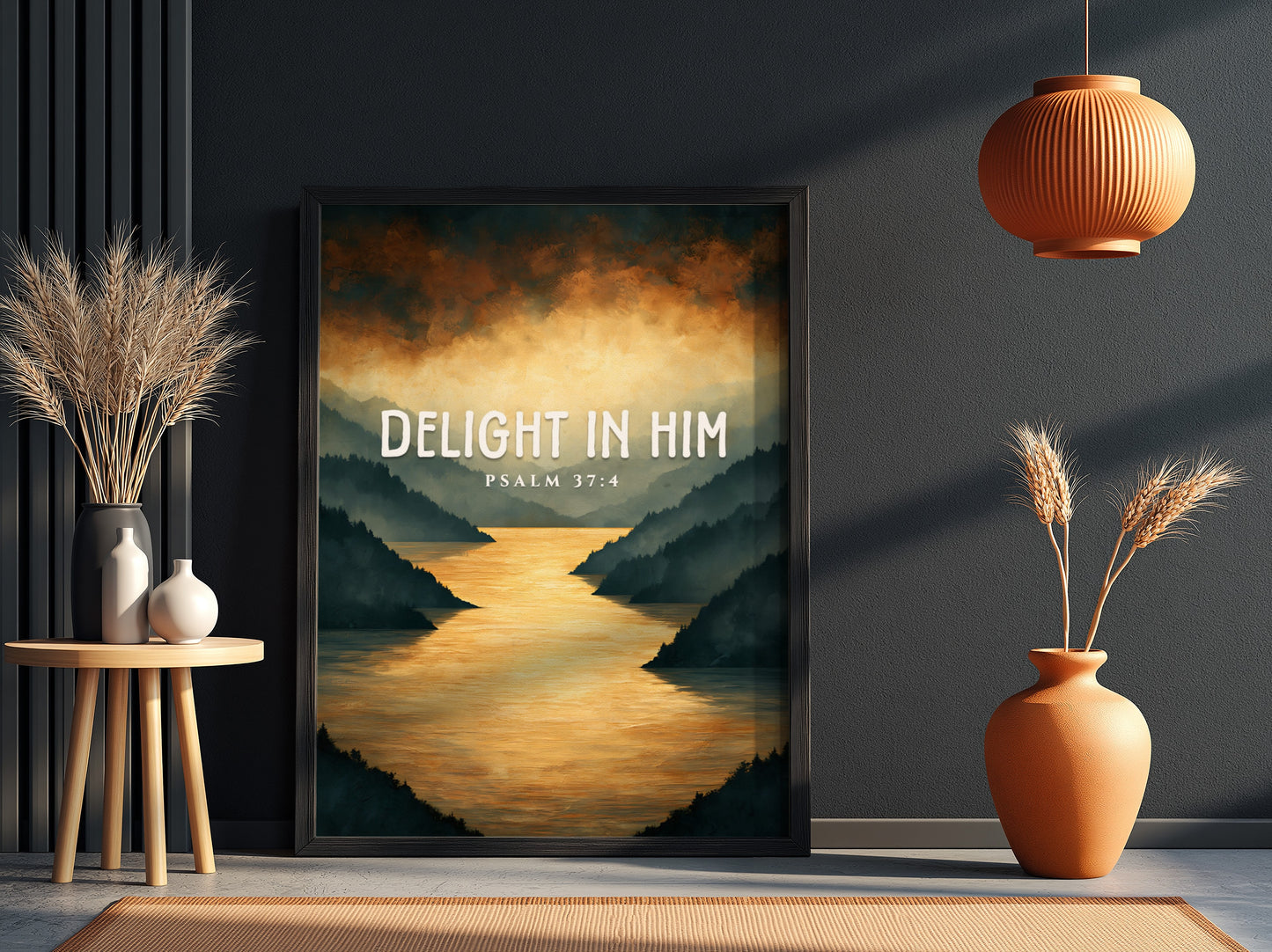 Delight in Him poster featuring serene landscape and Psalm 37:4 in warm colors