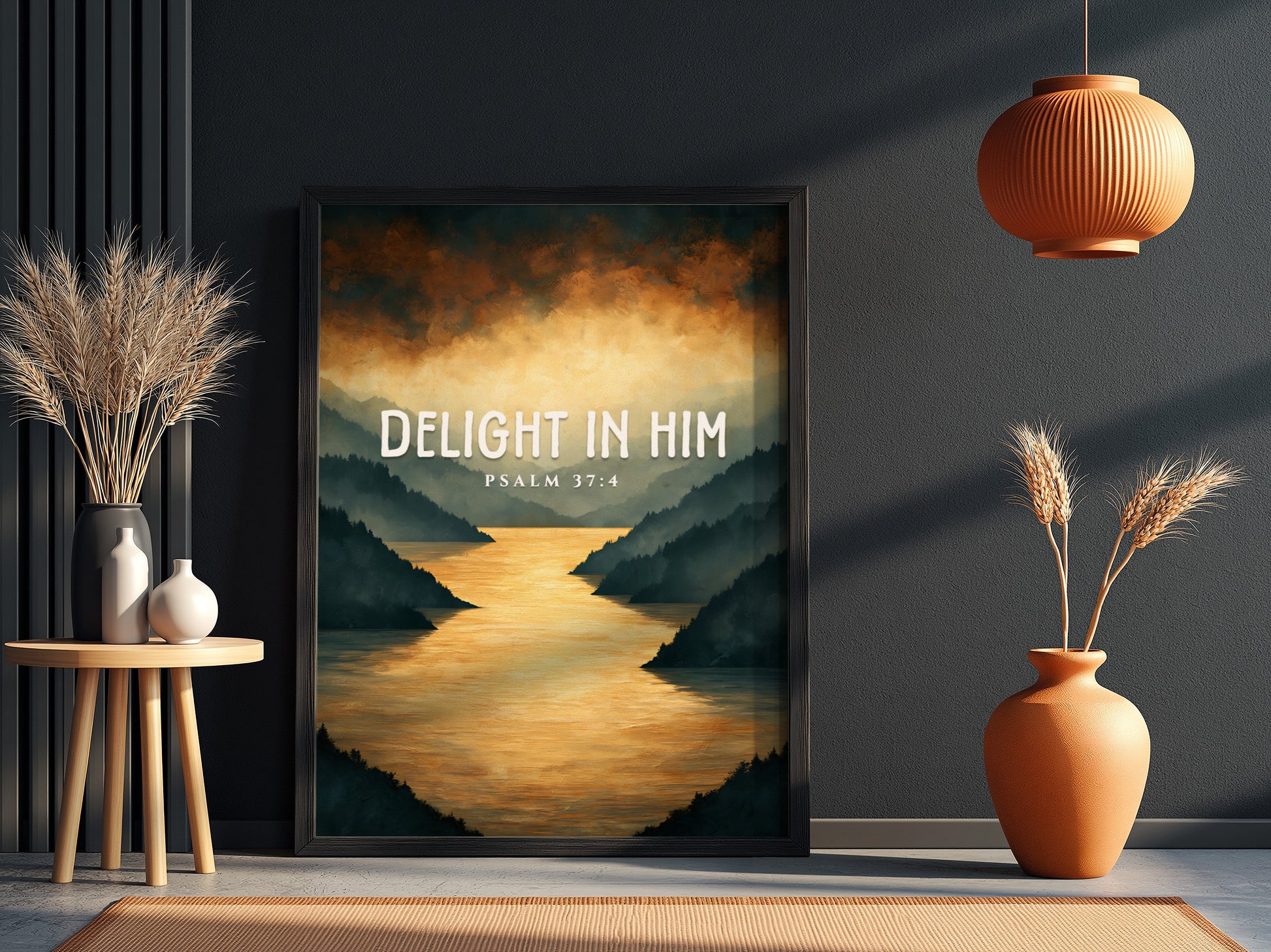 Delight in Him poster featuring serene landscape and Psalm 37:4 in warm colors