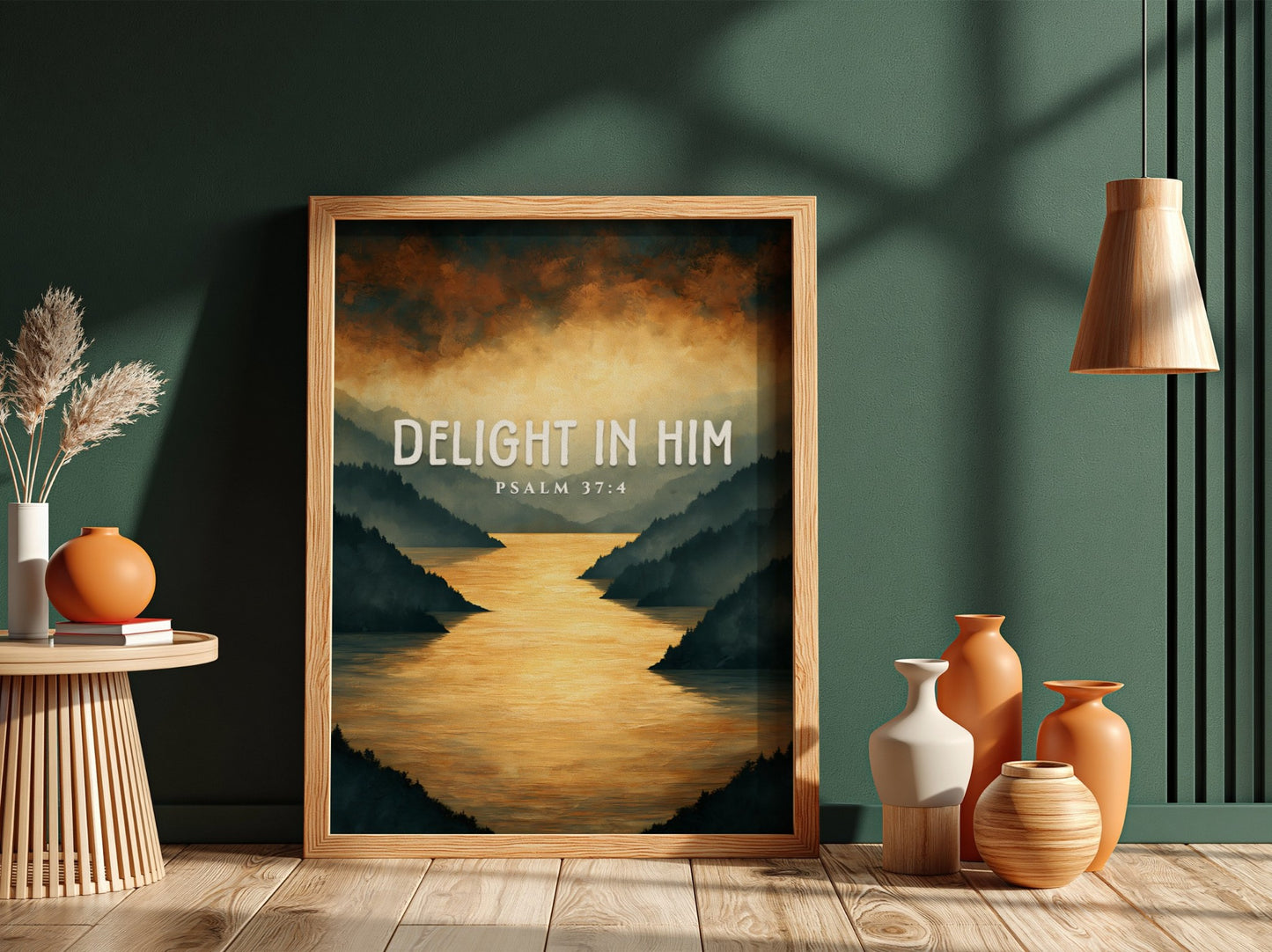 Delight in Him poster featuring serene landscape and Psalm 37:4 in warm colors