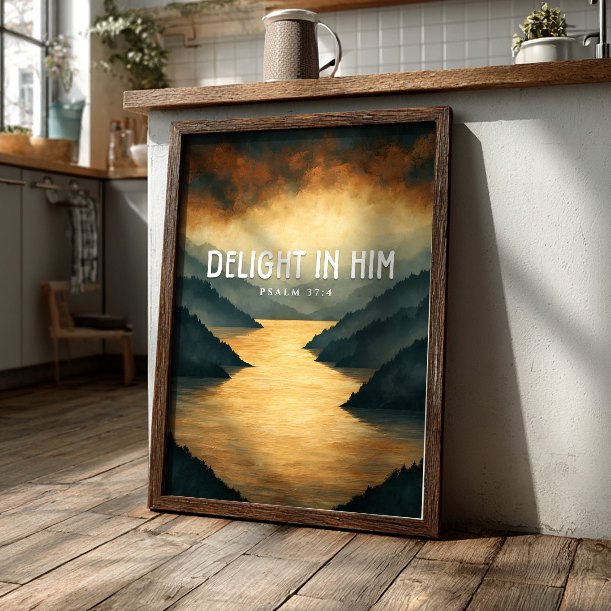Delight in Him poster featuring serene landscape and Psalm 37:4 in warm colors